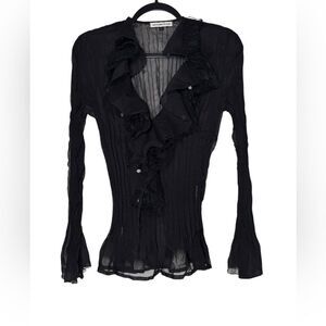 Alexandra Rosati Black Sheer Ruffle Blouse Women’s Large Long Sleeve Lace Floral